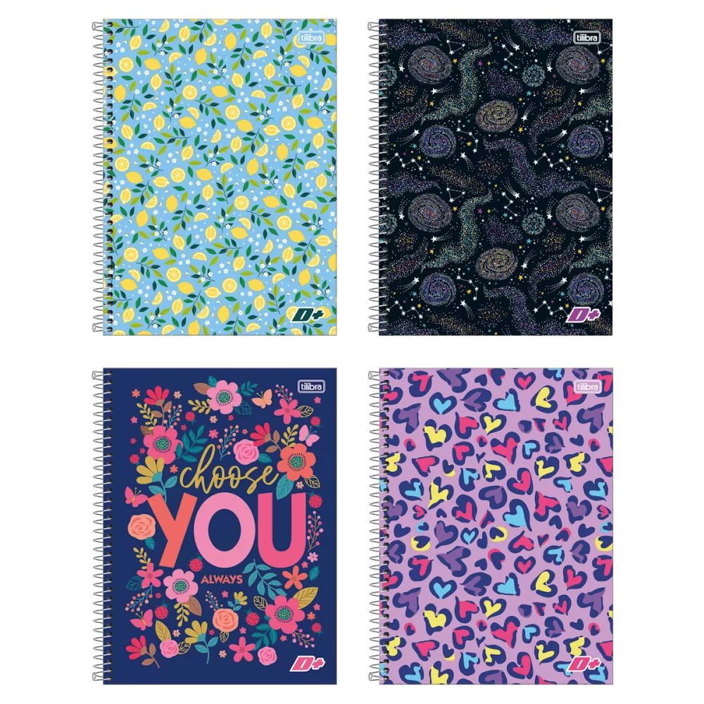 Caderno Espiral Capa Dura Universitário 16 Matérias D+ Feminino 320 Folhas Tilibra (Sortido)