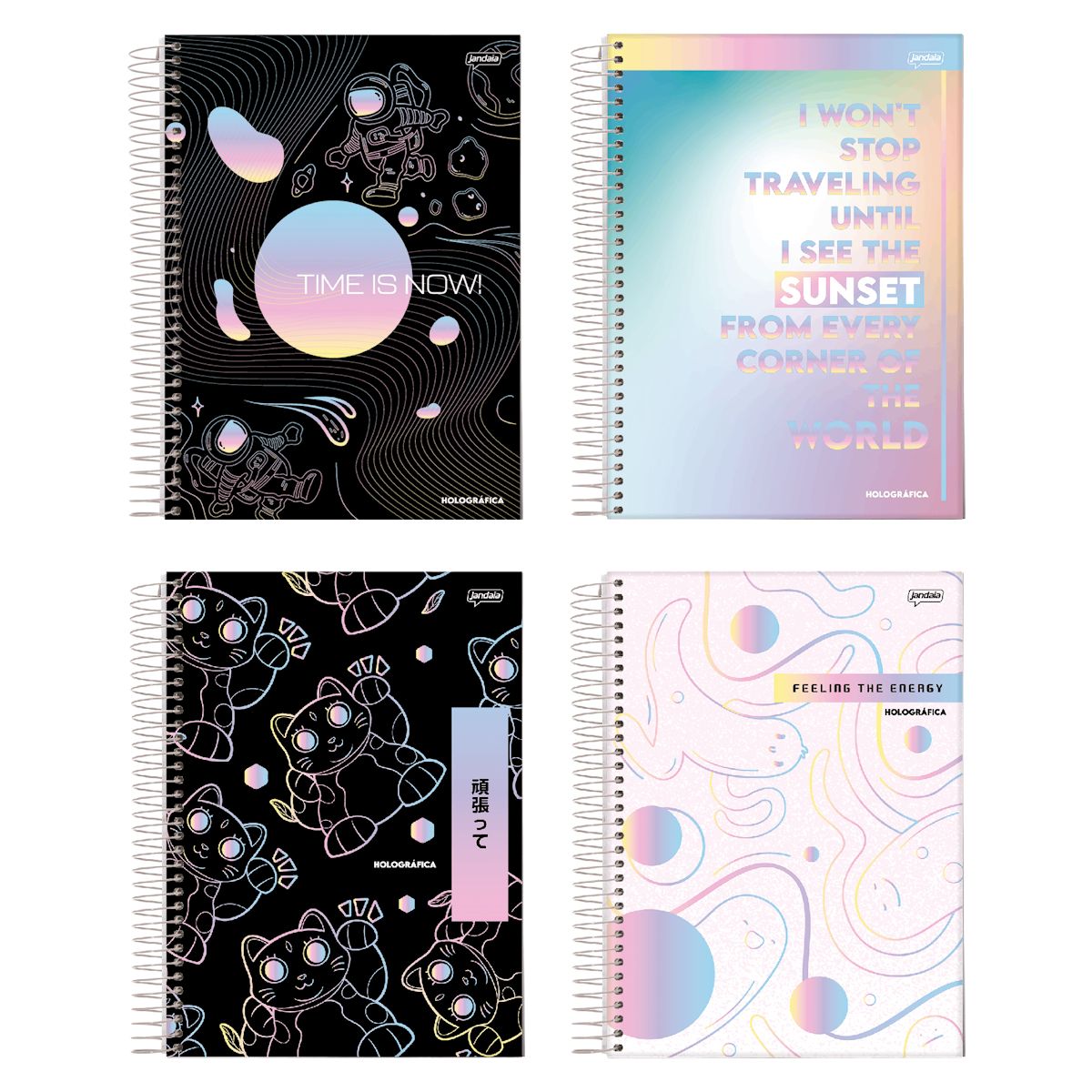 Caderno Espiral Universitário Capa Dura 12 Matérias Holografica 192 Folhas Jandaia (Sortido)